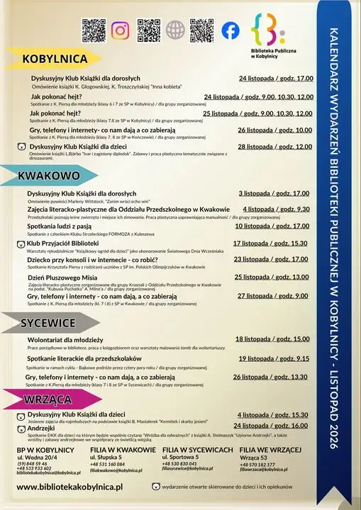Listopadowe atrakcje w bibliotece w Kobylnicy – kluby książki, Andrzejki i spotkania z pasjonatami