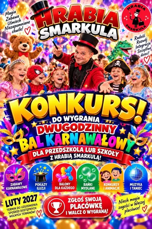 Konkurs: wygraj dwugodzinny bal karnawałowy z Hrabią Smarkulą dla swojej szkoły lub przedszkola